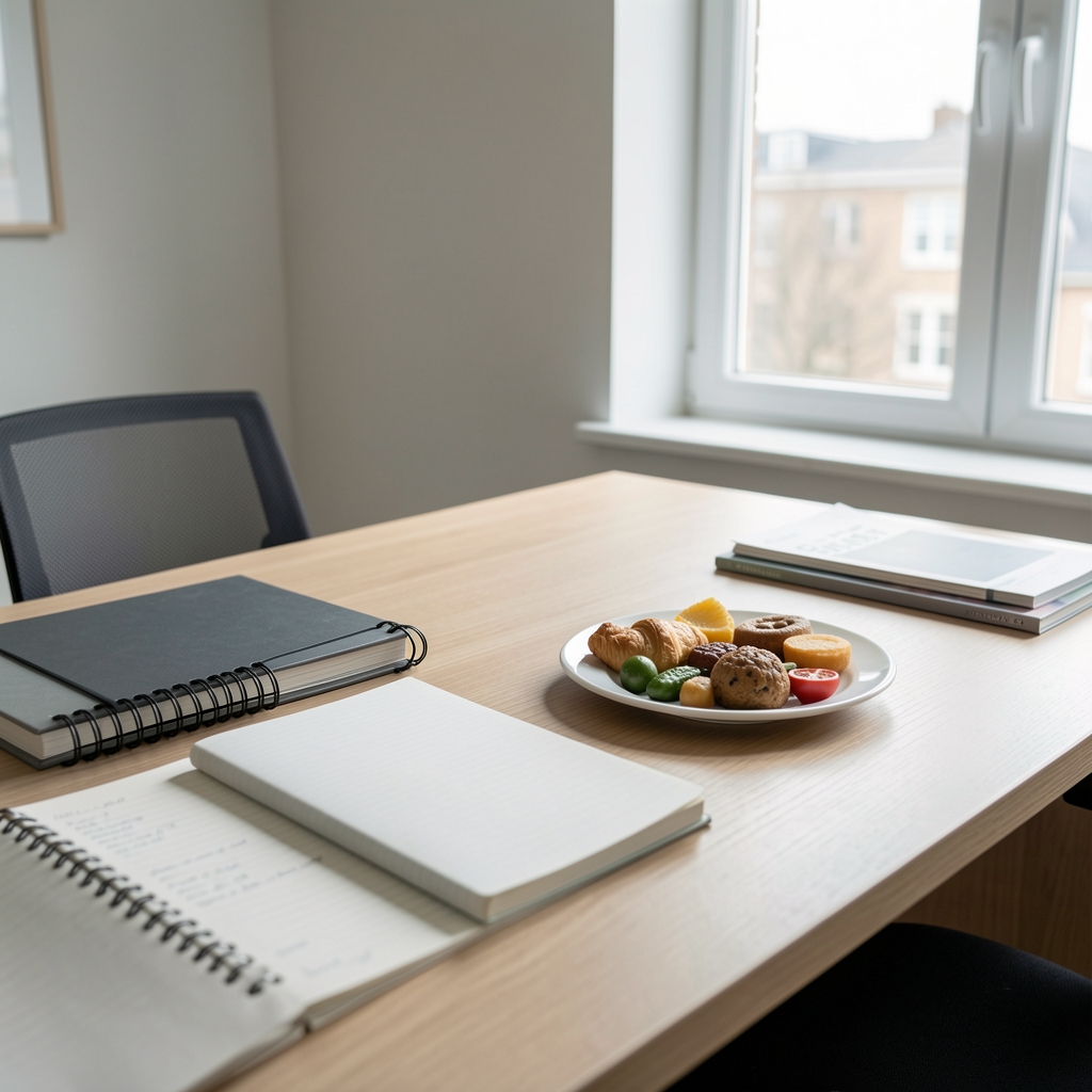 Editorial desk at the Spilo Journal London office with research notes, a light meal arrangement, and natural window light