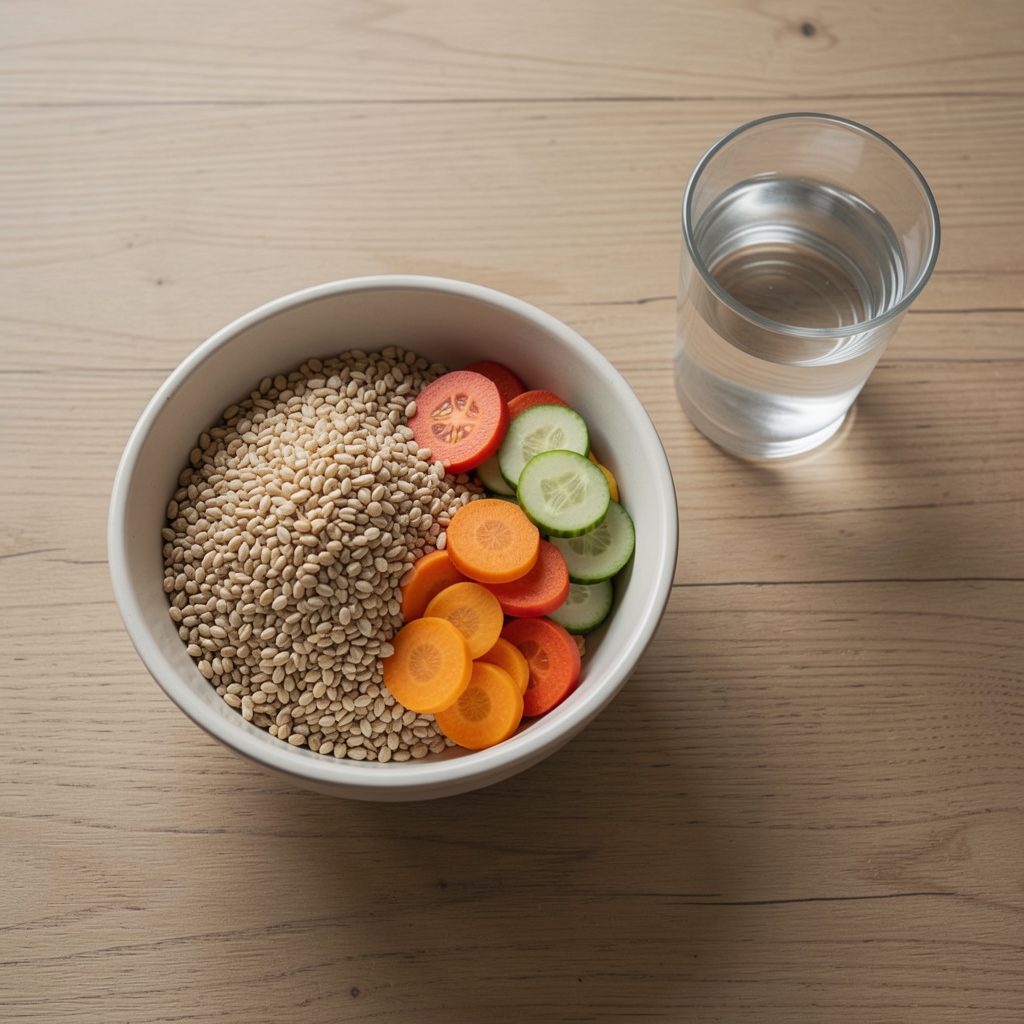A wooden table with a simple lunch arrangement photographed from above — a bowl of grains, sliced vegetables and a glass of water on a neutral surface in soft daylight