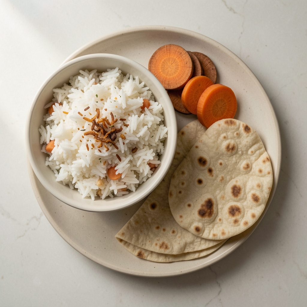 Overhead editorial photograph of a starch-heavy lunch arrangement on a pale ceramic surface — bowl of white rice, sliced root vegetables, and flatbread with no garnish, natural light from the left