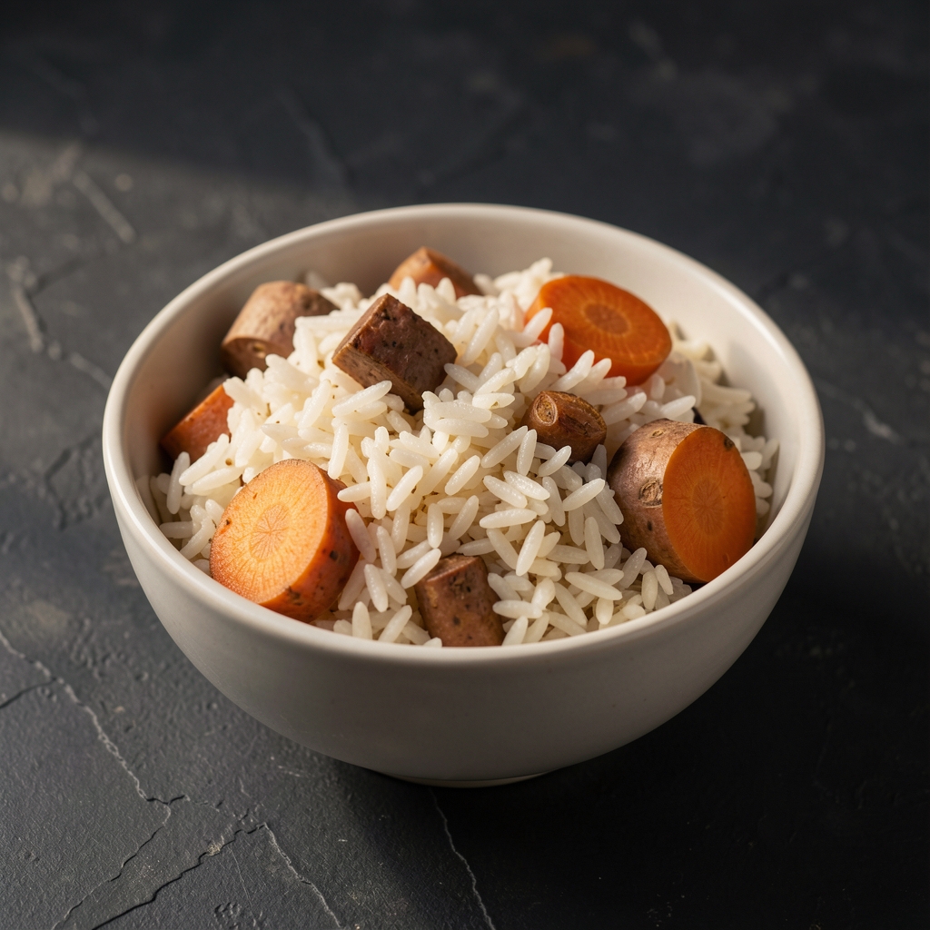A bowl of rice and root vegetables photographed in soft afternoon studio light against a dark textured background