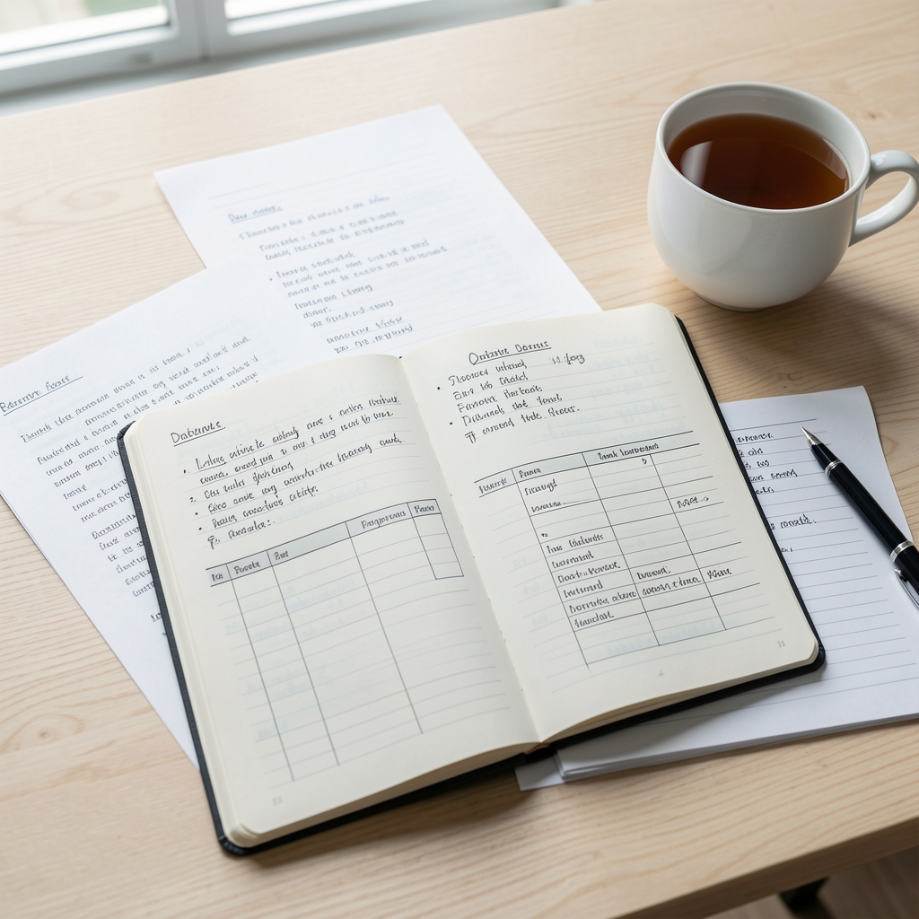 Research notes spread across a pale wooden desk with a notebook open to dietary observation records and a cup of tea